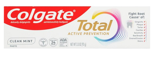 Colgate Total Active Prevention Toothpaste, Clean Mint, 3.3 OZ