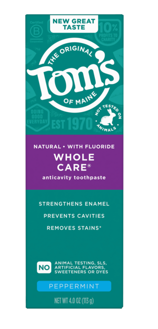 Tom's of Maine Whole Care Fluoride Anticavity Toothpaste, Peppermint, 4 Ounces